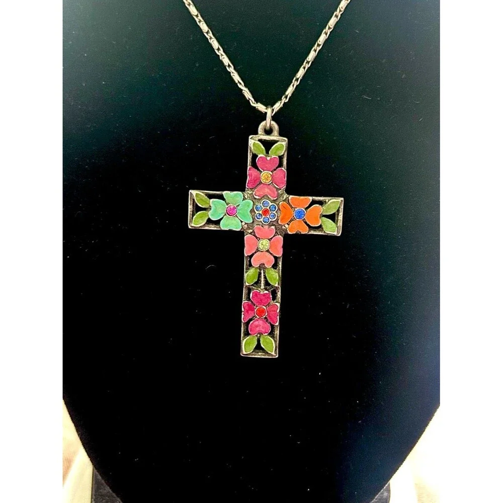 Ben-Amun Vintage Signed Floral Enamel Cross Pendant Necklace Silver Tone